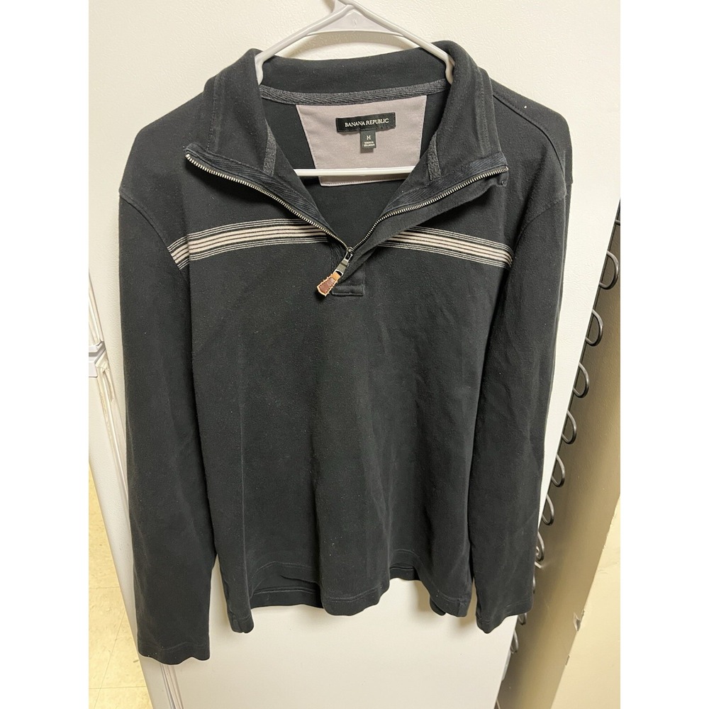 Banana Republic Mens Blk Pullover Medium 100% Cotton Brown Zipper Logo Stripe BR